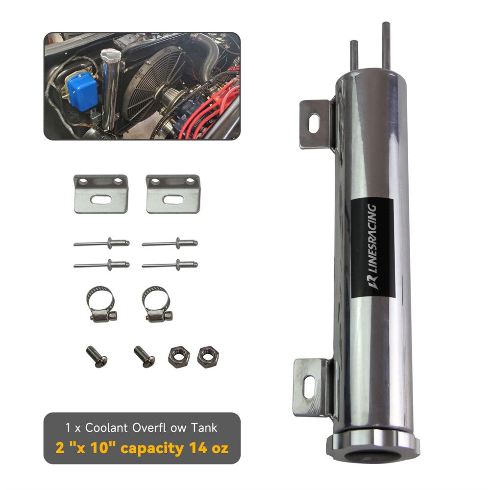 2"x10" Polished Aluminum Radiator Universal Overflow Tank For Mopar Ford Chevy