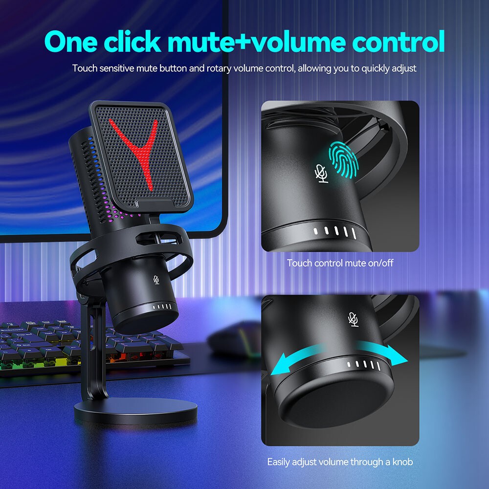 USB Microphone Noise Cancellation Condenser RGB Gaming Mic for PC Laptop Android