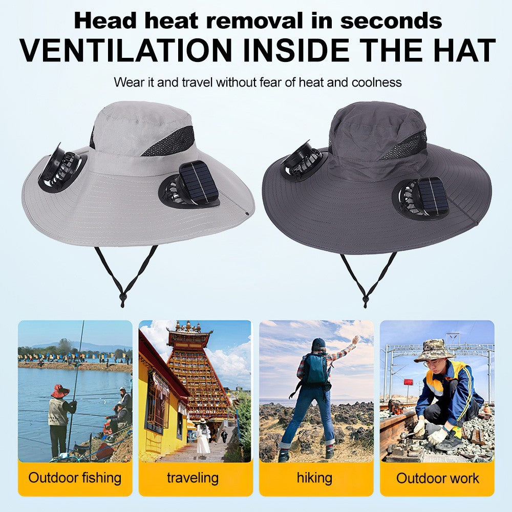 Dual Solar Fan Hat Breathable 3 Speeds Wide Brim Sun Cap UV Protection Visor Cap